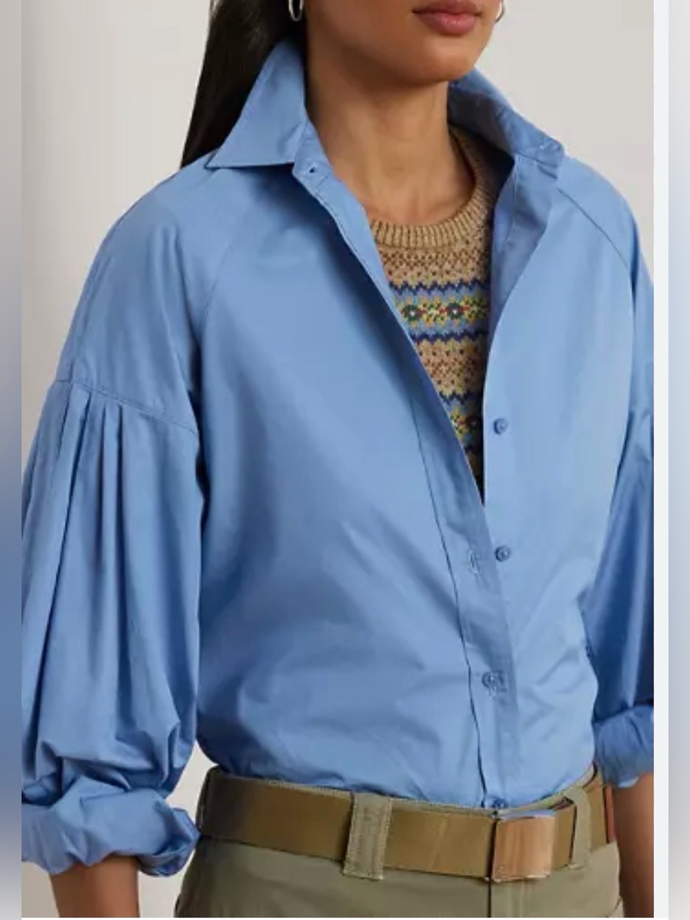 Lauren Ralph Lauren Cotton Poplin Blouson-Sleeve Shirt-Size Medium